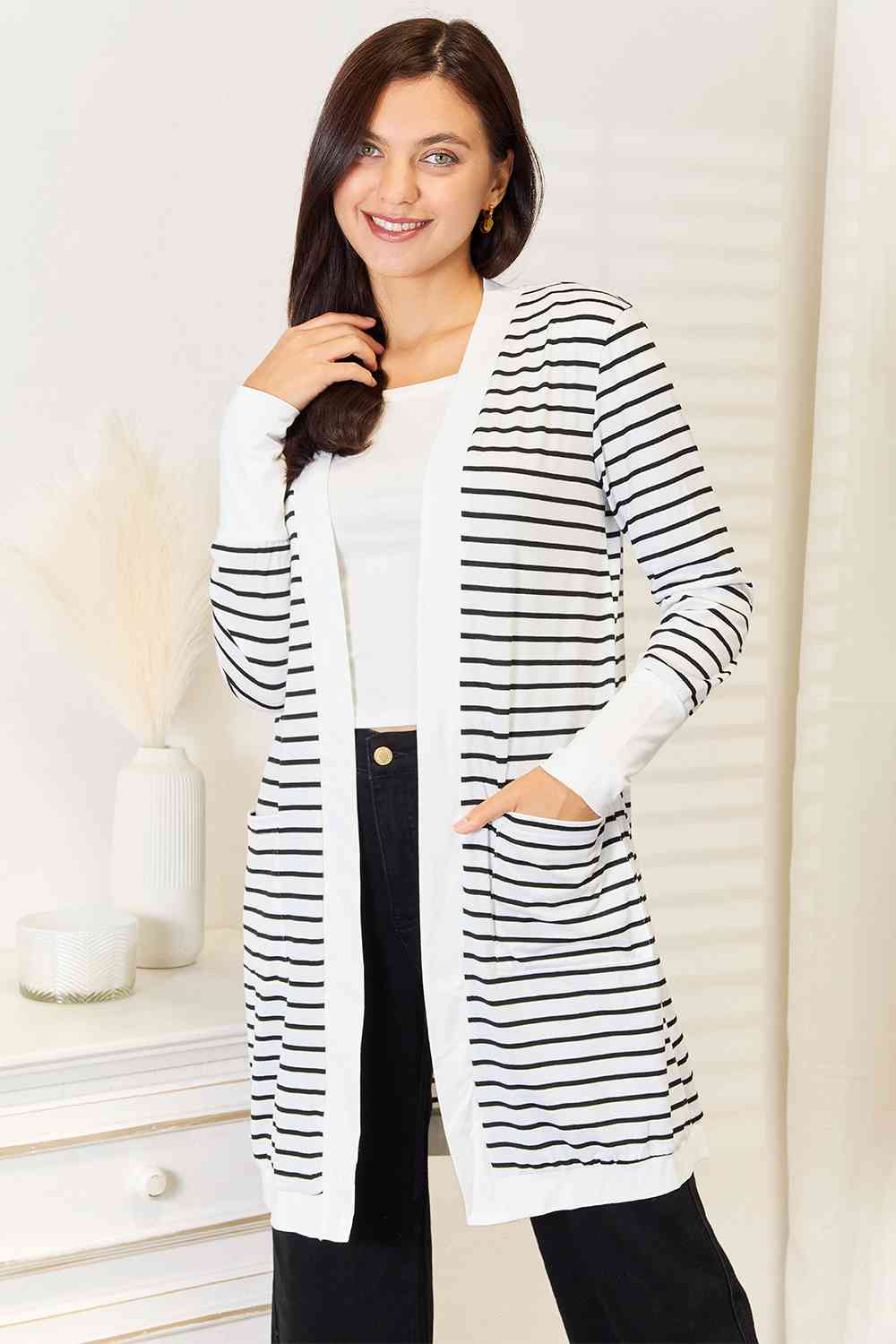 Double Take Striped Open Front Longline Cardigan